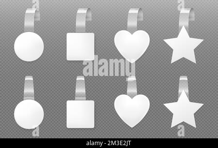 White wobblers mockup. Different shapes price tags front and angle view. Vector realistic set of blank paper wobblers with clear plastic strip for supermarket shelf isolated on transparent background Stock Vector