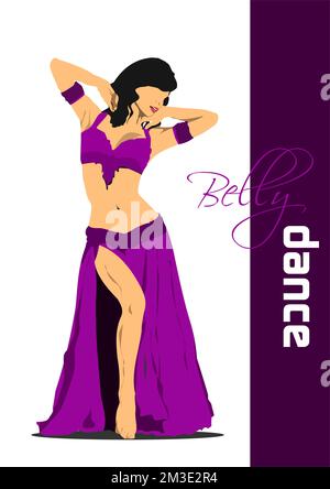 Belly dancer. Attractive girl dances east dance. Purple dress. 3d vector color illustration Stock Vector