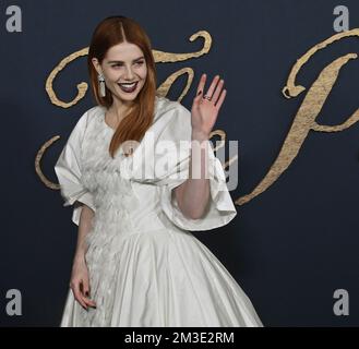 Los Angeles, United States. 14th Dec, 2022. Cast member Lucy Boynton attends the premiere of the motion picture crime thriller 'The Pale Blue Eye' at the DGA Theater in Los Angeles on Wednesday, December 14, 2022. Storyline: A world-weary detective is hired to investigate the murder of a West Point cadet. Stymied by the cadets' code of silence, he enlists one of their own to help unravel the case - a young man the world would come to know as Edgar Allan Poe. Photo by Jim Ruymen/UPI Credit: UPI/Alamy Live News Stock Photo