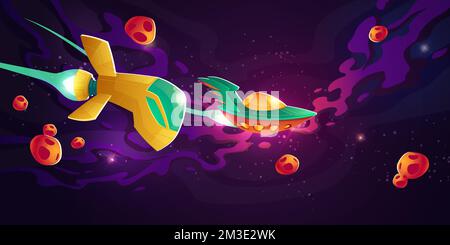 Spaceships race in outer space. Galactic competition of speed drive on rockets. Vector cartoon illustration of cosmos landscape with alien rocketships, asteroids and stars Stock Vector