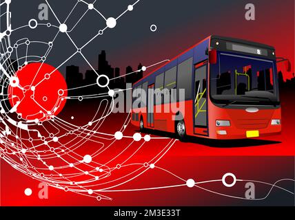 Abstract city panorama with stripes and dots and bus image. 3d Vector illustration Stock Vector