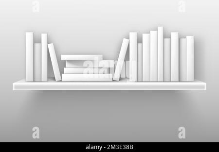 White bookshelf mockup, books on shelf in library, home, school or office interior. Volumes with blank paperback stand in row and lying in pile on rack hanging on wall, realistic 3d vector mock up Stock Vector