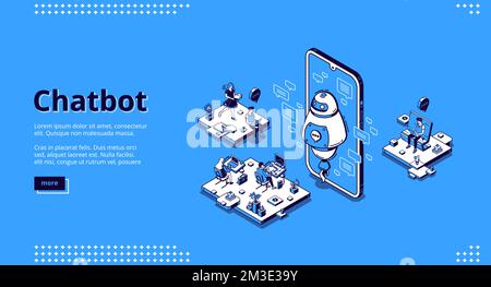 Chatbot banner. AI technology in business for support customers. Vector landing page of virtual assistant for online help to clients. Isometric office with working people and smartphone with robot Stock Vector