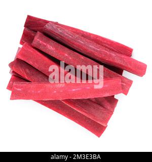 top view of pile vegetables roots of beetroot chopped stripes isolated on white background, concept of vegetarian appetizer Stock Photo