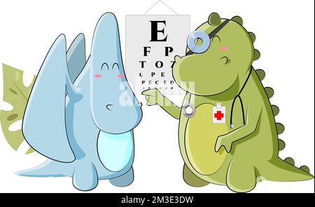 cute pterodactyl came to the doctor dinosaurs for an eye test Stock Vector