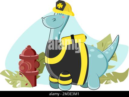 Dinosaur dingo put on a firefighter uniform and stood near the hydrant Stock Vector