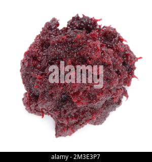 top view of crushed, grated and minced fresh vegetables roots of beetroot isolated on white background Stock Photo