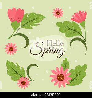 text hello spring on background with floral design in hand drawn style Stock Vector