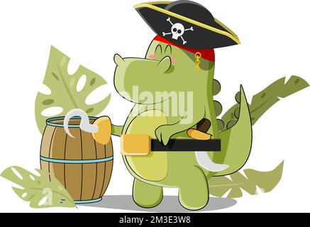 Green cute pirate dinosaur looking for treasure on a deserted island Stock Vector