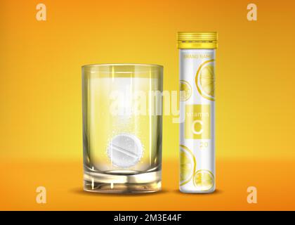 Effervescent vitamin C pills with fizz bubbles in water glass and closed bottle. Soluble tablets, pharmaceutical remedy capsules, isolated on orange background. Realistic 3d vector illustration Stock Vector