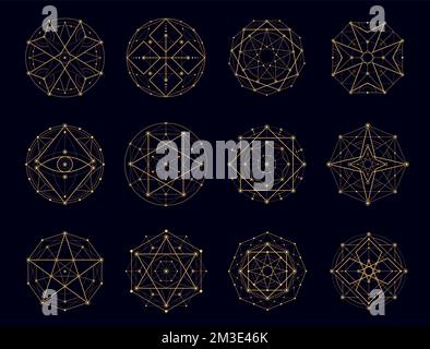 Sacred geometry esoteric, magic, alchemy symbols. Myth and meditation, pentagram and spiritual tattoo shapes. Illuminati occult, mystical or religion abstract geometric line vector golden signs set Stock Vector