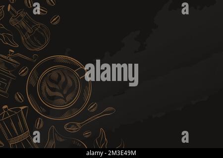 dark coffee background hand drawings placed on the left side of the banner Stock Vector