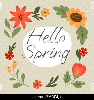 spring card with cute flat flowers and lettering hello spring Stock Vector