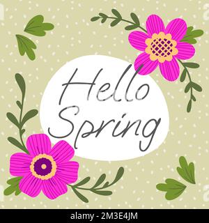 spring card with flat floral design in hand drawn style and lettering hello spring Stock Vector