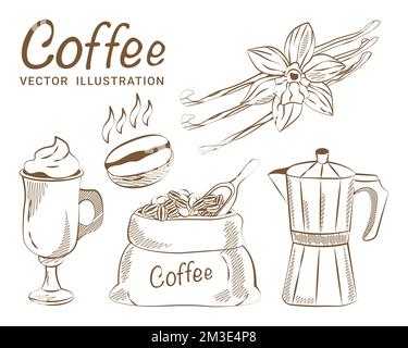 Hand drawn coffee sketch set drinks, cups, snacks, coffee utensils