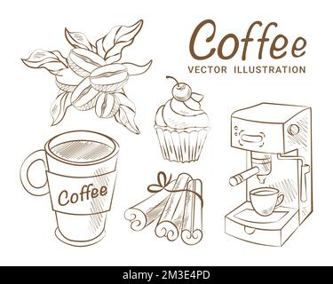 Sketch coffee set hand drawing vector coffee machine cinnamon coffee glass Stock Vector