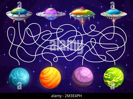Space labyrinth maze help to ufo find a planet. Kids vector worksheet with alien saucers and tangled path in cosmos. Educational children board game with cartoon planets and extraterrestrial shuttles Stock Vector