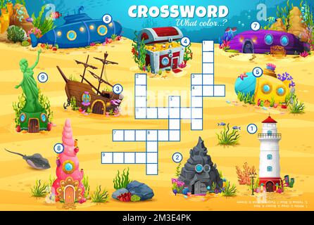 Underwater cartoon house buildings. Crossword quiz game grid. Kids vocabulary puzzle or riddle, wordsearch crossword vector worksheet with submarine, sea shell, lighthouse and sunken ship dwellings Stock Vector