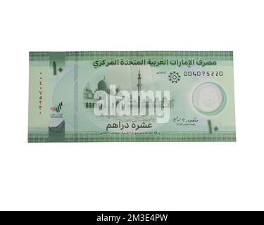 The new polymer ten dirham United arab emirate bank note with a Sheikh Zayed Grand Mosque in Abu Dhabi illustrates on the front side Stock Photo