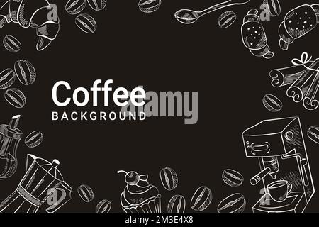 background coffee with hand drawings coffee machine grains Stock Vector
