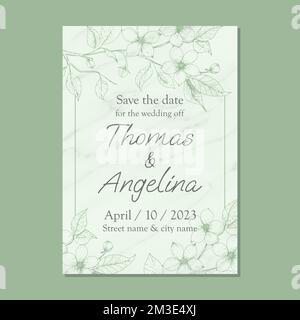 invitation wedding flyer with minimalist floral design in hand drawn style on marble texture Stock Vector