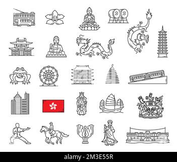 Hong Kong landmark and travel outline icons. Hong Kong doubledecker tram, buddha monument and dragon, pagoda, buddhism temple and skyscraper, flag, coat of arms, ferry and funicular, Mazu goddess Stock Vector