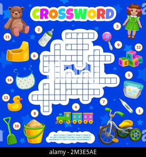 Kids toys and accessories crossword puzzle worksheet, find a word quiz. Vector thermometer, bottle, doll and locomotive, diaper, potty, bicycle and bucket. Rattle, spade, bear and cubes, duck or bib Stock Vector