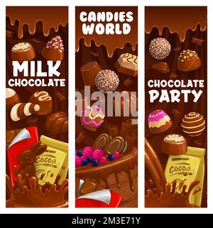 Milk chocolate, praline and fudge candy. Souffle, truffle and jelly, hazelnut bonbons. Vertical banners, vertical vector backgrounds or with chocolate candy, cake and bar, cocoa sweet desserts Stock Vector