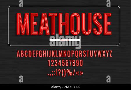 Steak font, butcher vintage typeface or steakhouse type and barbeque alphabet, vector ABC. Grill meat restaurant or steak house menu, neon red signs for BBQ barbecue or burger bar font typeset Stock Vector