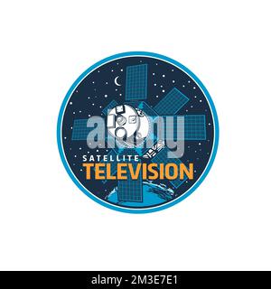 Telecommunication satellite icon. Television broadcasting and Internet network transmission, telecom equipment and technology vector retro symbol or round icon with artificial satellite on Earth orbit Stock Vector
