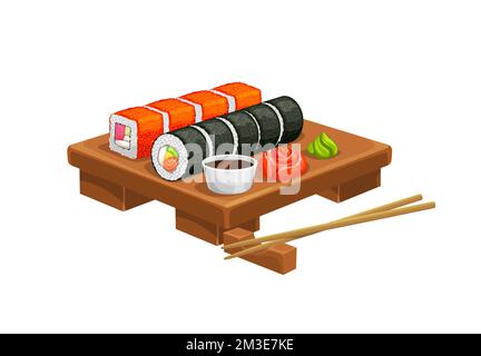 Cartoon japanese rolls, sauces and chopsticks. Isolated vector japan food on wooden board with ginger, wasabi, bamboo sticks and sliced seafood cuisine. Japanese restaurant delicious gourmet snack Stock Vector