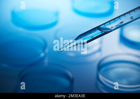 science lab with clear blue background and test tubes with blue chemicals Stock Photo