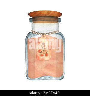 Hand-drawn watercolor glass jar with turmeric powder. This is a part of the big set of Indian spices Stock Photo