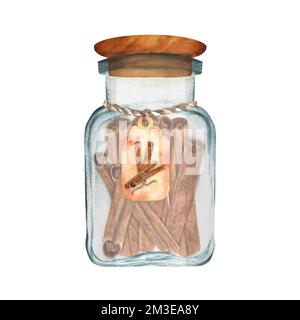 Hand-drawn watercolor glass jar with cinnamon spice. This is a part of the big collection of indian spices Stock Photo