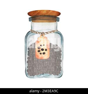 Hand-drawn watercolor glass jar with fragrant pepper spice. This is a part of the big collection of indian spices Stock Photo
