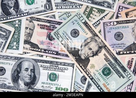 Dollars background, hundred USA dollar banknote bills, many American cash money Stock Photo