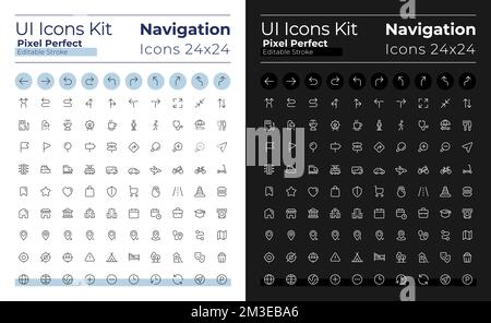 GPS and navigation pixel perfect linear ui icons set for dark, light mode Stock Vector