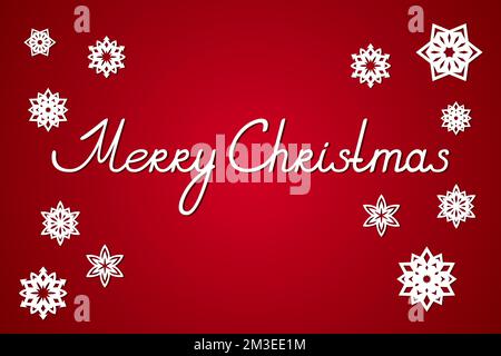 Greeting card with snowflakes and MERRY CHRISTMAS inscription. Red background. Vector illustration. Stock Vector