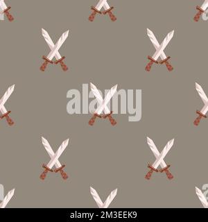 Battle axe and medieval sword. Seamless pattern. Weapon texture. Vikings ornament. Printable design. Wallpaper element. Random square pattern Stock Vector