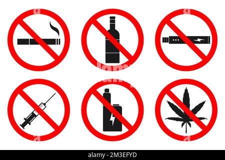NO SMOKING, NO VAPING, NO HEMP, NO DRUGS, NO ALCOHOL signs. Vector illustration. Stock Vector