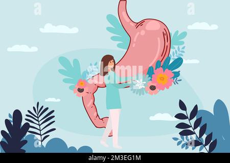 Group of doctors check up human stomach. A doctor holding magnifying glass zoom at stomach, lady Doctor using stethoscope, explaining symptoms and Stock Vector