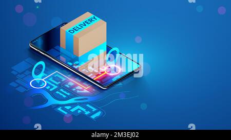 Tracking delivery online order in phone app. Show location courier on map on screen smartphone. GPS tracking shipping box package. Box with order pops Stock Vector