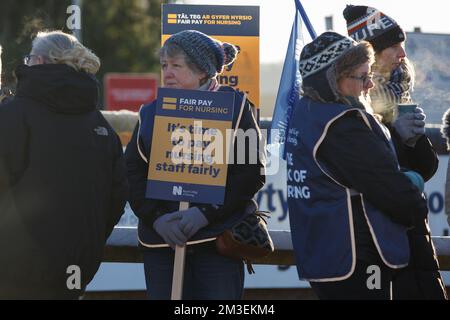 Carmarthen, UK. 15th Dec, 2022. Nurses on a picket line at Glangwili General Hospital, Carmarthen as nurses in Wales, Northern Ireland and England take industrial action in a dispute over pay. Credit: Gruffydd Thomas/Alamy Live News Stock Photo