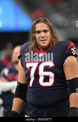 New Orleans, USA. 27th Aug, 2023. Houston Texans offensive tackle Austin  Deculus (76) and center Jarrett Patterson (68) both close in on New Orleans  Saints defensive end Kyle Phillips (91) During a