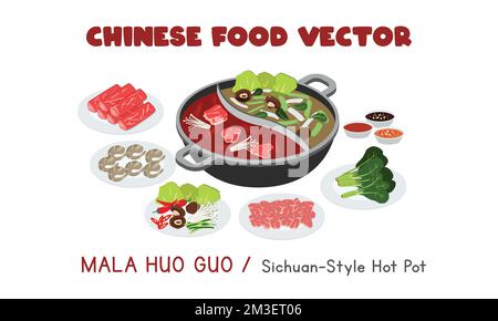 Chinese Mala Huo Guo - Sichuan-style Hot Pot flat vector design illustration, clipart cartoon style. Asian food. Chinese cuisine. Chinese food Stock Vector
