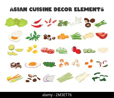 Set of Asian Food decor elements vector design clipart. Chili, vegetables, carrot, mushroom, lemon, tomato, egg, potato, enoki mushroom, tofu Stock Vector