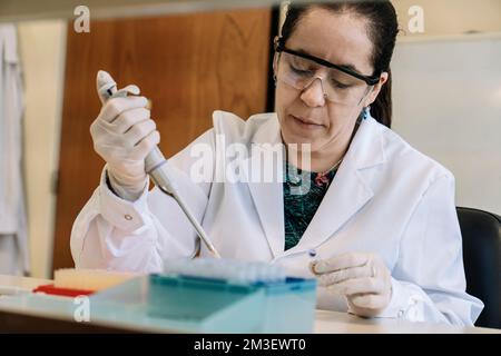 Scientist pipetting samples into eppendorf tubes Stock Photo