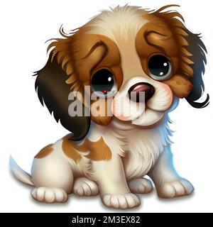 a puppy with big eyes sitting down on a white background with a sad look on its face and eyes. . Stock Photo