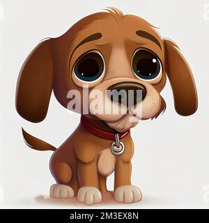 a cartoon dog with big eyes sitting down with a leash on its neck and a collar around its neck. . Stock Photo