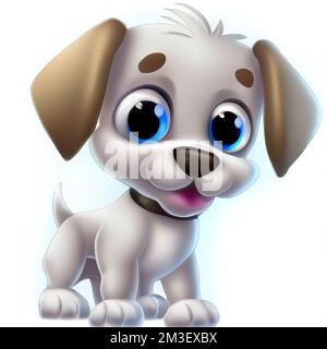 a cartoon dog with big blue eyes sitting down and smiling at the camera with a white background behind it. . Stock Photo